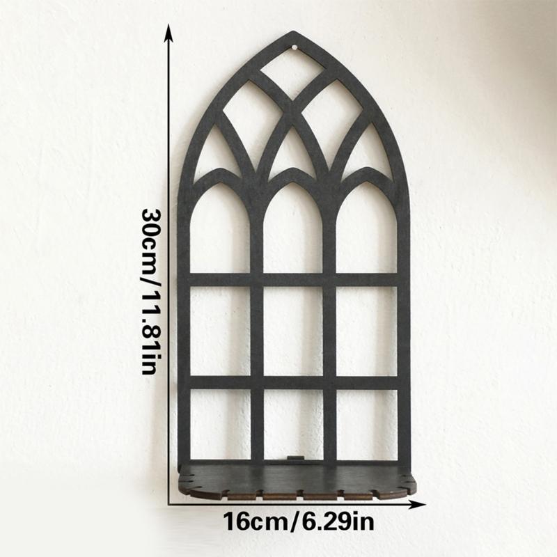 Gotisches hohles Holzschweberegal Vintage-Fensterrahmen Wandmontiertes Lagerregal für Kristalle Pflanzenhalter Heimdekorationen