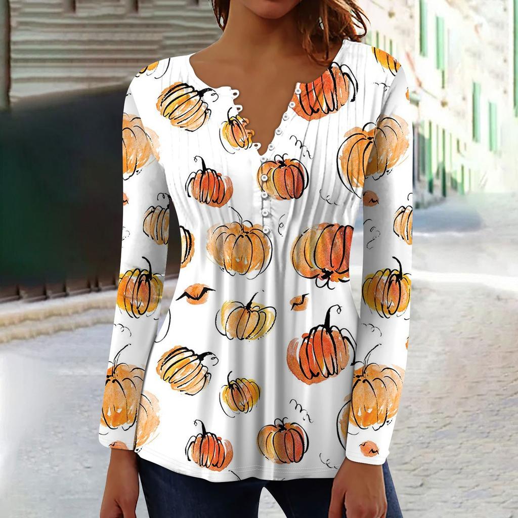 Women's Spring Autumn Pleated Button Down Collar Halloween Print Long Sleeve Top