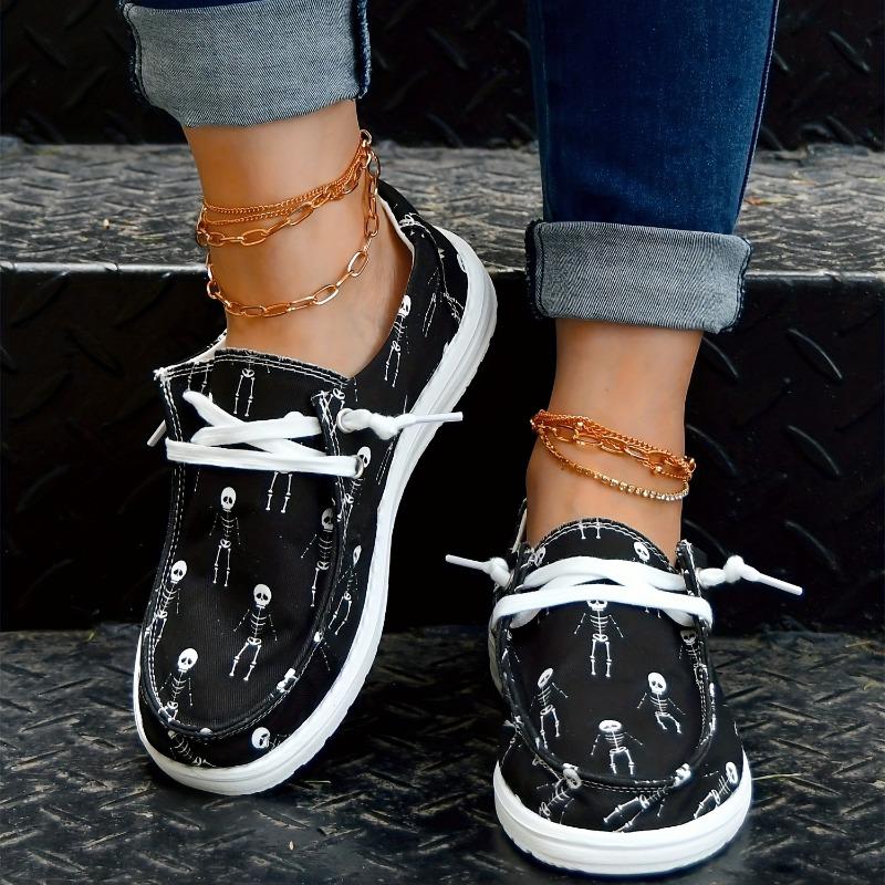 Women's Skeleton Men Print Shoes, Slip On Round Toe Low-top Non-slip Lightweight Canvas Shoes, Halloween Comfy Daily Shoes