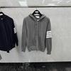 Men Womens Zip Up Hooded Wool Sweater Back Sailboat Stripes Gray Casual Knit Jacket