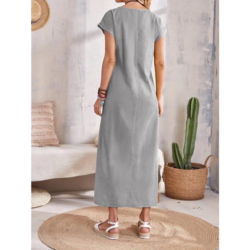 Summer Round Neck Short Sleeve Fashion Women Dress Loose Casual Solid Color Basic A-line Party Long Dresses Female Elegant Office Clothing