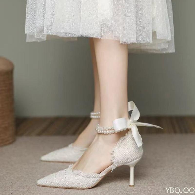 

Fashion 2025 Women s Pointed Toe High Heels NewPearl Buckle Design Dress Shoes Fashion Elegant Shoes Female Wedding Pumps Zapatos Mujer 43 бежевый