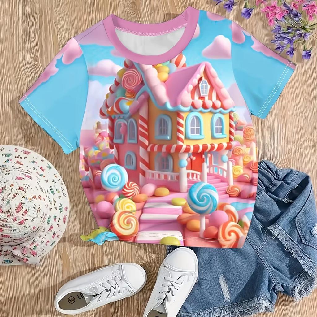 Children's Clothing Girl T-Shirt 3D Candy Color Print T-Shirt O-Neck Short Sleeve Tops Kids Summer Outdoor Casual Girl Clothes