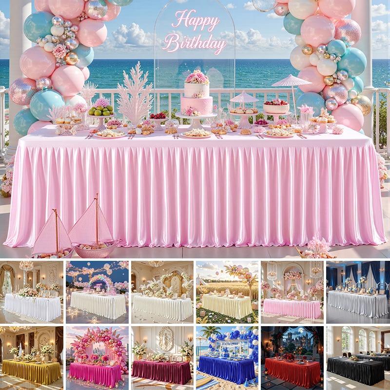 Satin Pleated Table Skirt 4/6/8FT Tablecloth for Wedding Banquet Conference Party Stage Decoration Rectangular Table Cover
