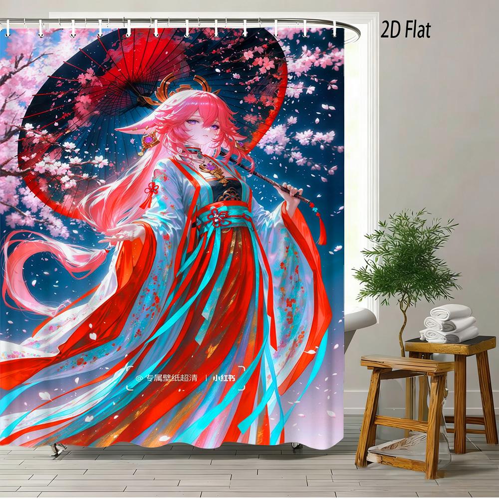 

2D Flat Anime Girl Pink Hair Fox Ears Red Traditional Kimono Cherry Blossom Umbrella Shower Curtain Waterproof Bathroom Decor W60H190(CM)-1 Pcs