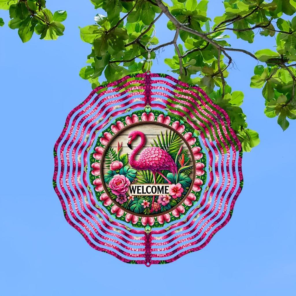 Vibrant Flamingo Wind Spinner 10 Inch 2D Kinetic Metal Hanging Ornament with Colorful Feather Design Welcome Text for Garden Yard Decor