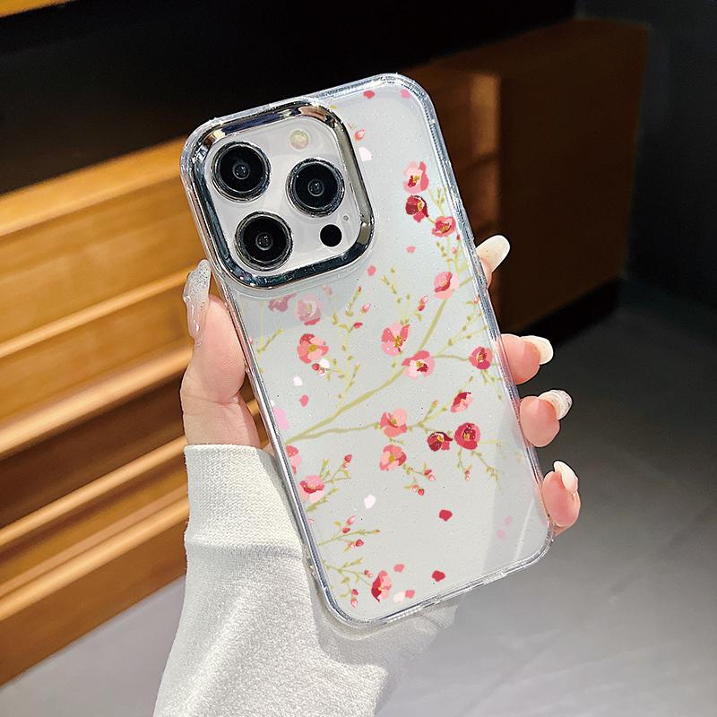 Plating Retro Flowers Pattern Case For iPhone 16 15 14 Pro Max Plus 12 13 Pro 11 Electroplating Lens Frame Clear Cover