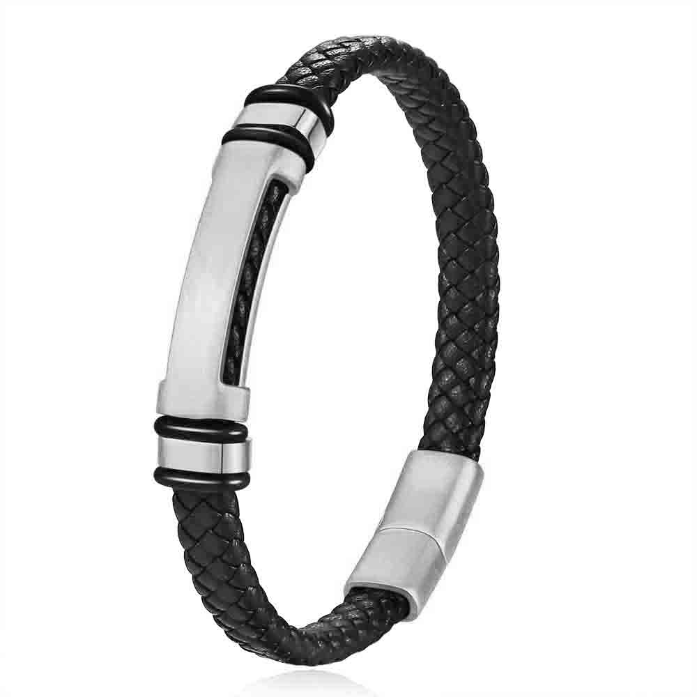 Fashionable new 11MM modern men's woven leather bracelet laser-engraved stainless steel bracelet