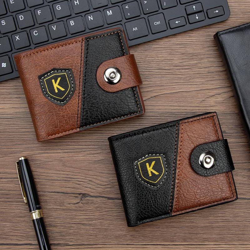 Men Leather Wallet RFID Blocking Bifold Short Wallet Card Holder Coin Pocket Button Closure Vintage Patchwork Purse