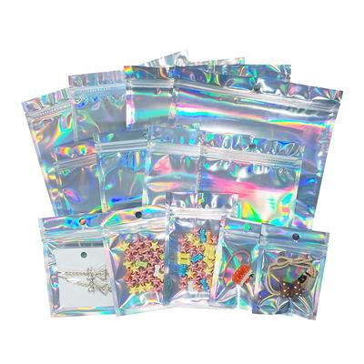 100 PCS Holographic Gift Logo Custom Printed Bags Aluminum Foil Zip Lock Clear Plastic Packaging Mylar Bag for Cosmetic Clothes
