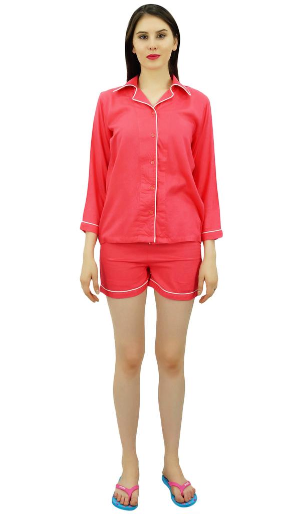 Bimba Button-Down Shirt With Elastic Waist Shorts 2 Pcs Full Sleeve Night Wear