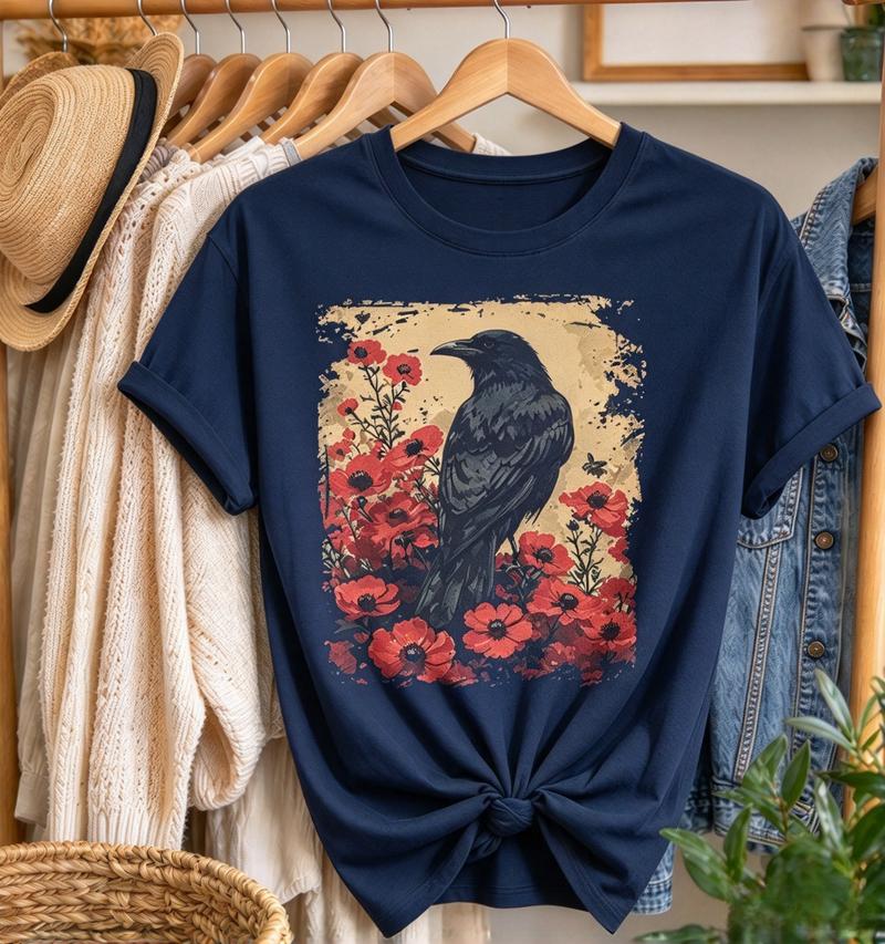 Gothic Raven Rose Enchanted Vintage Floral Crow Tshirt Unisex Unisex Retro Crow Floral Casual Short Dark Aesthetic Nature Art Tee
