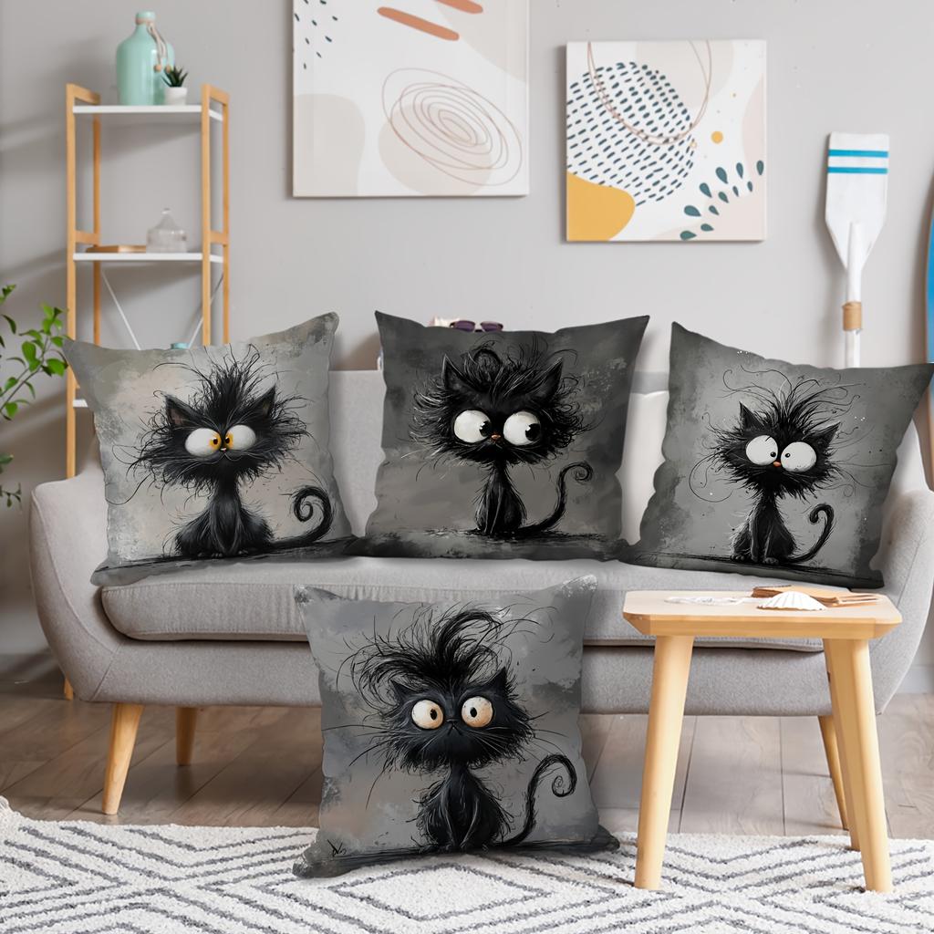 1/4pcs Funny Fluffy Black Cat Throw Pillow Covers Cute Cartoon Gothic Decorative Pillowcases for Home Sofa Bedroom Cushion cover