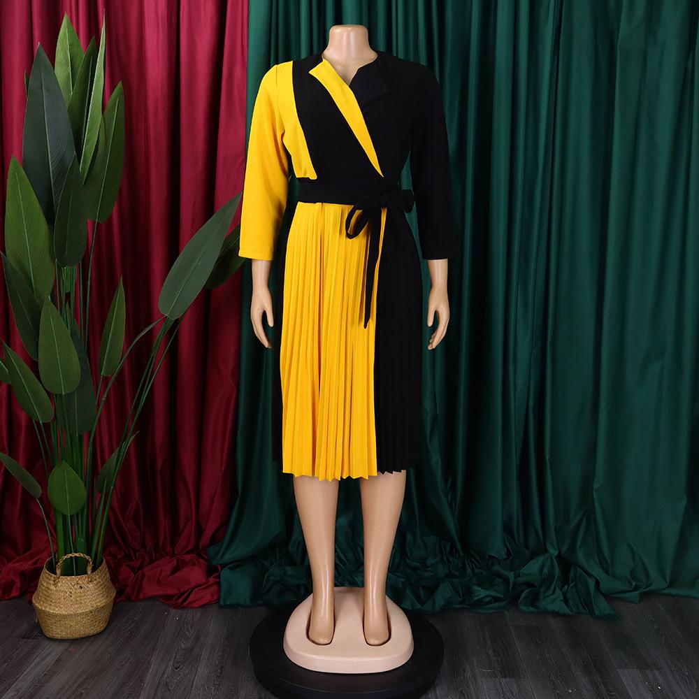 Large Size Women Fashion Patchwork Long Sleeves Dress Ladies Elegant One Piece Bandage Pleated Dress