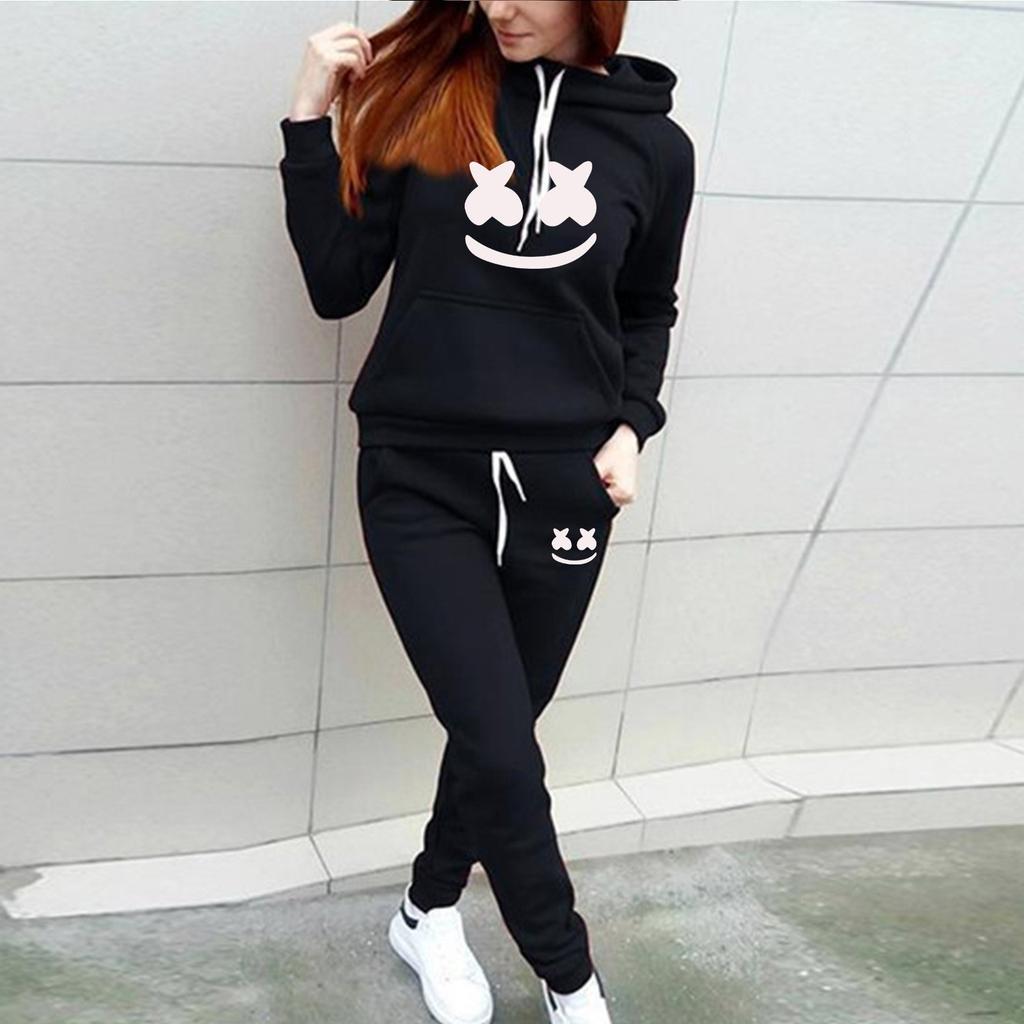 New Autumn and Winter European and American New Sports and Leisure Printing Pullover Hooded Sweater Sweatpants Set Sweater Plus Trousers