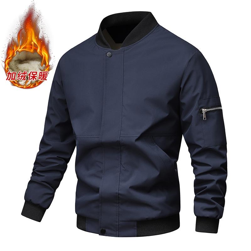 

Men s Fleece-Lined Bomber Jacket Warm Stand Collar Navy Blue Casual Windproof Outerwear S синій