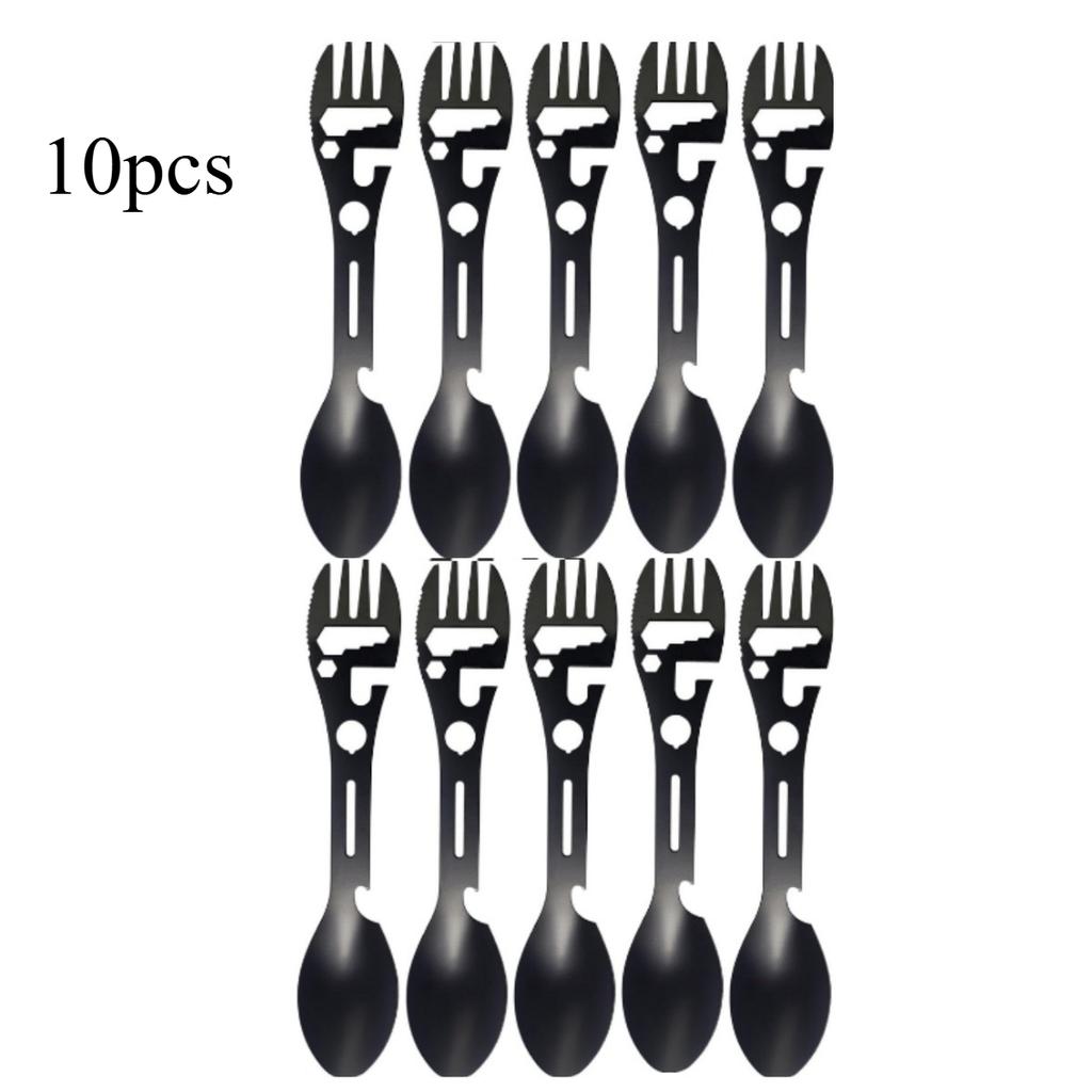 Ten-in-one multi-functional camping fork, stainless steel fork, spoon, fork, knife, bottle opener, wrench set, picnic