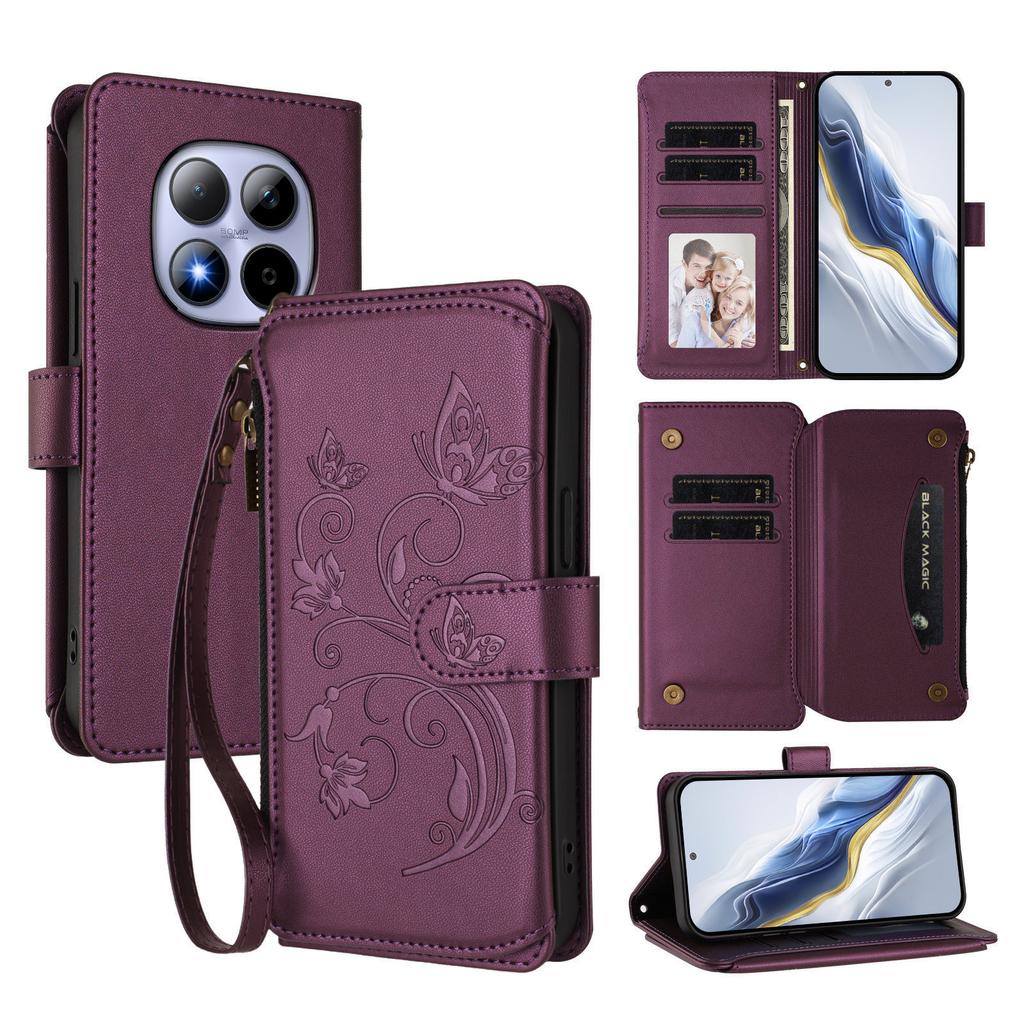 For Xiaomi Redmi Note 15 Pro 4G (Global) Leather Case Butterfly Floral Imprint Zipper Wallet Stand Cover with Wrist Strap