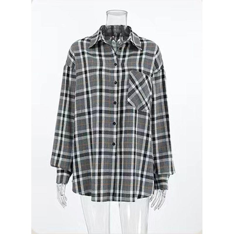 

Western Style Retro Gray Design Sense Plaid Shirts Loose Top Loose Plaid Lapel Shirt Plaid M