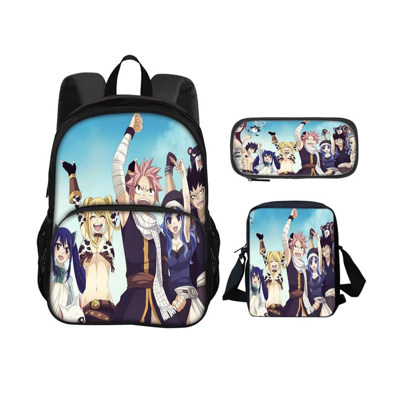 Fairy Tail Cartoon 3Pcs Set with Front Pocket Backpack+Shoulder Bags+Pencil Bag Student Boys and Girls Best Gift Stationery