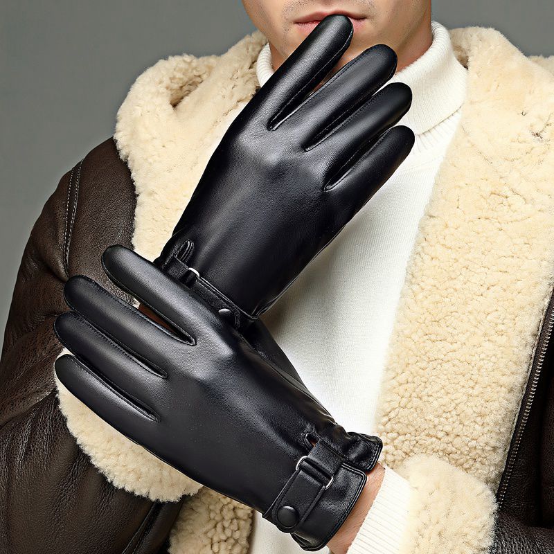 Leather Gloves Men Waterproof Touch Screen Autumn and Winter Washed Leather PU Leather Velvet Warm Driving Cycling Motorcycle