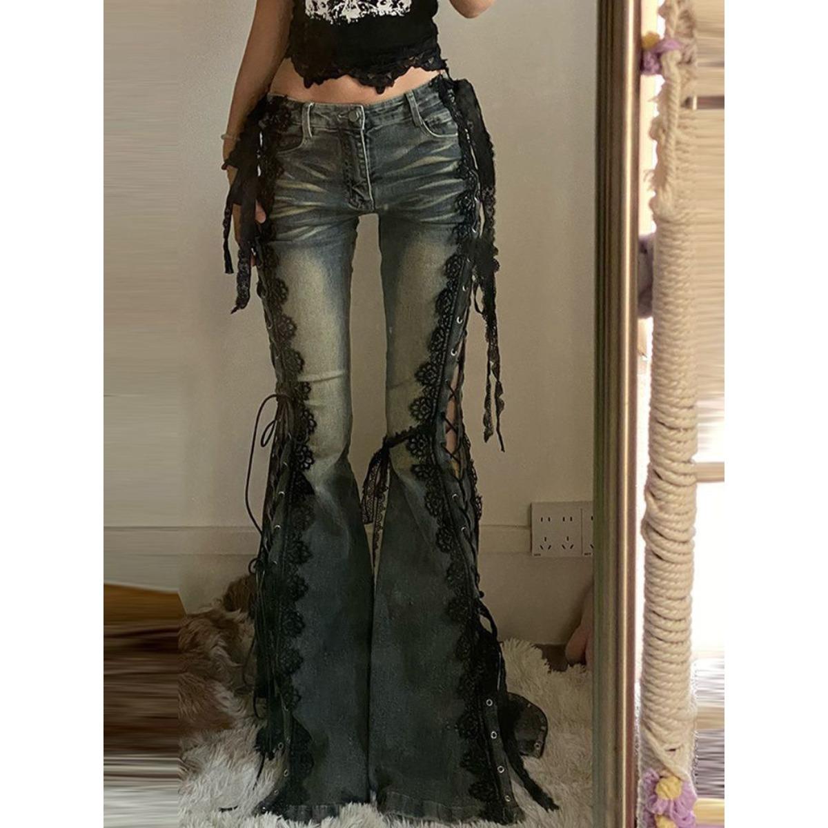 

Women Dark Academia Goblin Core Harajuku Y2K Low Rise Lace Jeans Abi Denim Flare Pants Bell-Bottom Y2k Japanese Goth Gyaru Kpop XXL сірий