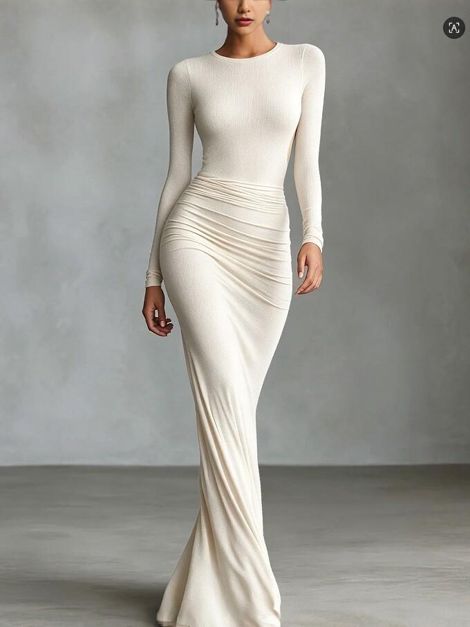 European and American women's clothing long-sleeved pleated waist slim-fitting dress, temperament evening dress long dress