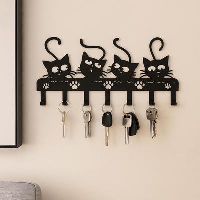 Stylish Nordic Black Cat Wall Hook Black Iron Cartoon Cat Coat Hook Wall Hanging Cat-Shaped Cat Wall Hat Hanger Home Decor