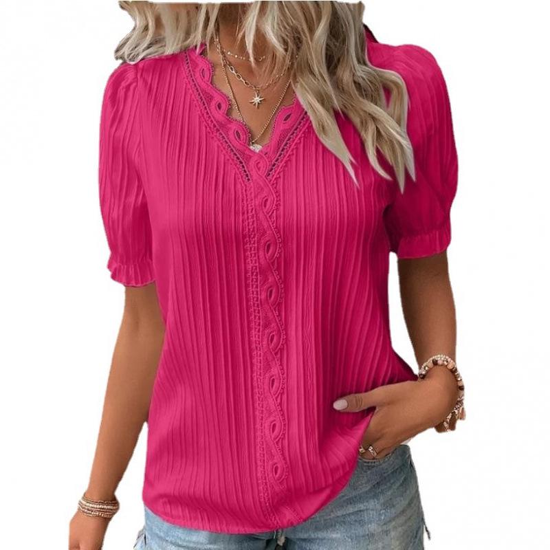 2023 Summer Women's European and American Fashion Hollow Short-Sleeve Shirt