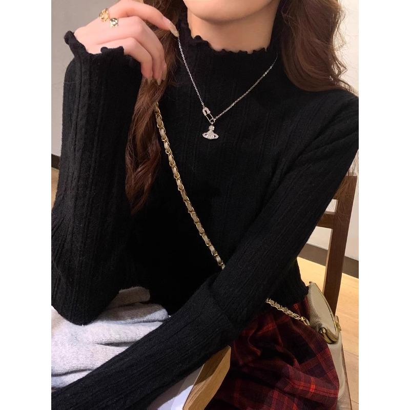 Spring Gentle Fungus Edge Semi-turtleneck Long-sleeved Sweater Femininity Slim and Thin Inner Top