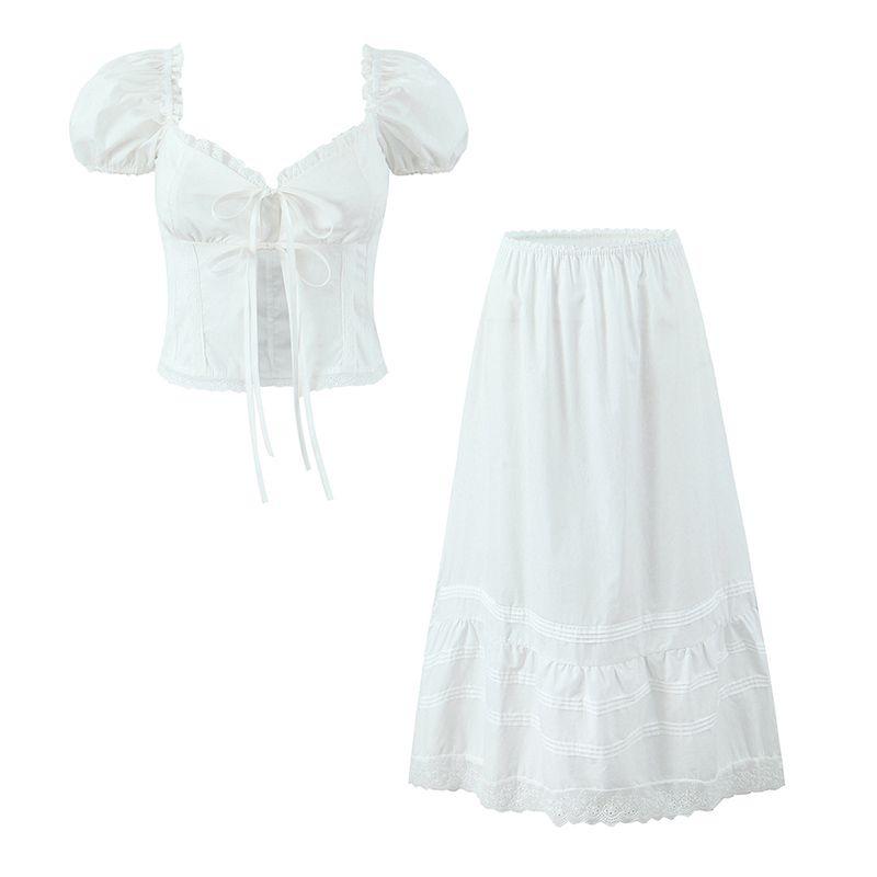 Luodao White Bell Summer French Pure Desire Wind Lace Lace Band Puff Sleeves Top and Skirt Vacation Suit