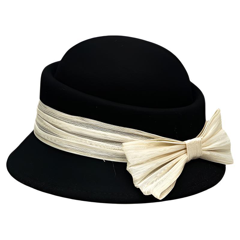 French Celebrity Retro Hepburn Style Silk Hemp Big Bow Woolen Basin Hat Female Convex Top Elegant Top Hat Autumn And Winter
