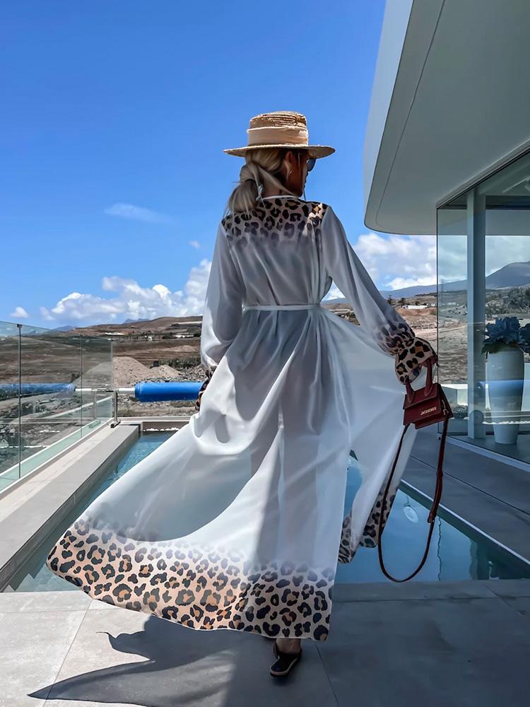Leopard Print Beachwear Bathing Suit Coverup Plus Size Chiffon Long Sleeve Maxi Dress Open Front Kimono Cardigan Lightweight Tunic Belt Outfit A2705