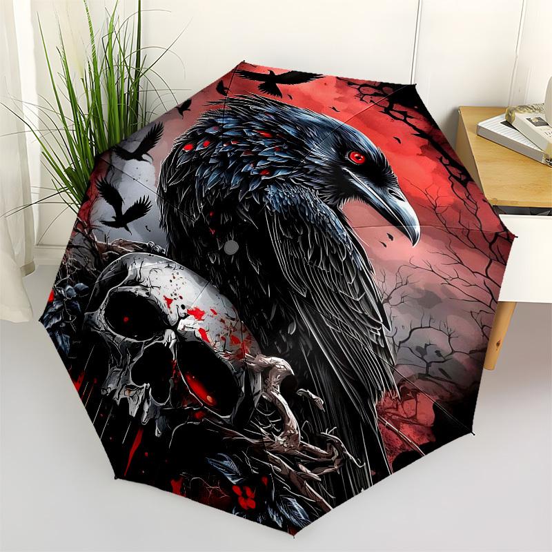 1pc Crow SkullOpen/Close Umbrella-Windproof, Compact Travel Umbrella, Sturdy 8-Rib Shaft1129