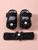 Baby Girls Lace Pearl Rhinestone Bow Crib Shoes & Matching Crochet Headband Set, Soft Dot Anti-Slip Magic Tape Mary Jane Princess Shoes