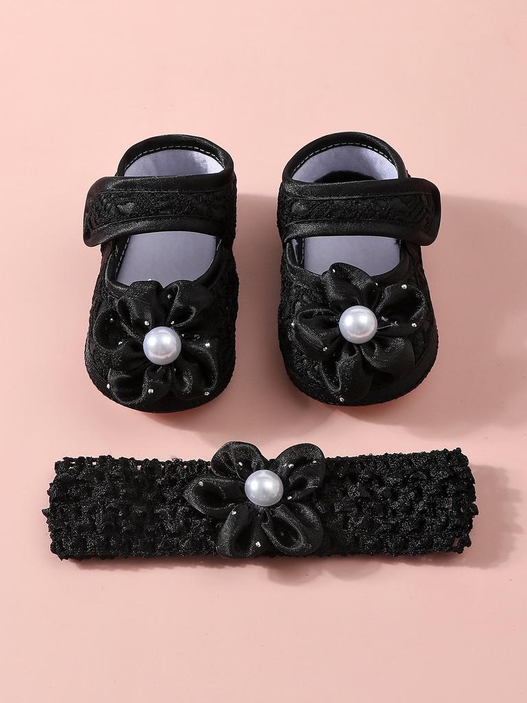Baby Girls Lace Pearl Rhinestone Bow Crib Shoes & Matching Crochet Headband Set, Soft Dot Anti-Slip Magic Tape Mary Jane Princess Shoes