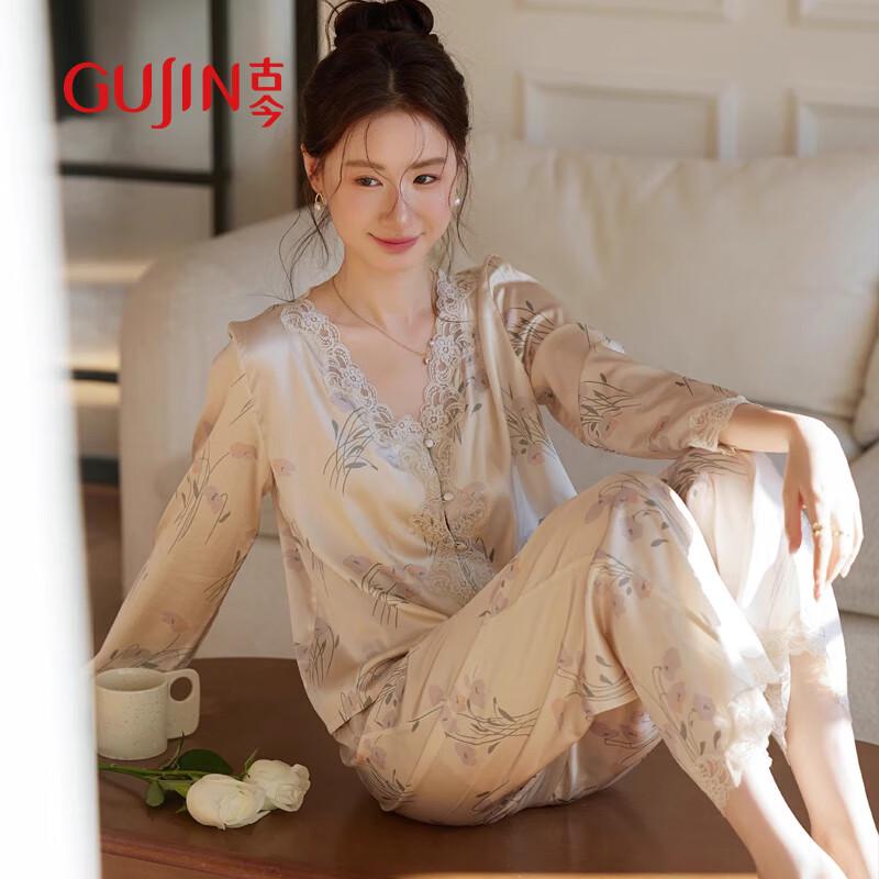GUJIN Women s Ice Silk Satin Long Sleeve Pajama Set XL