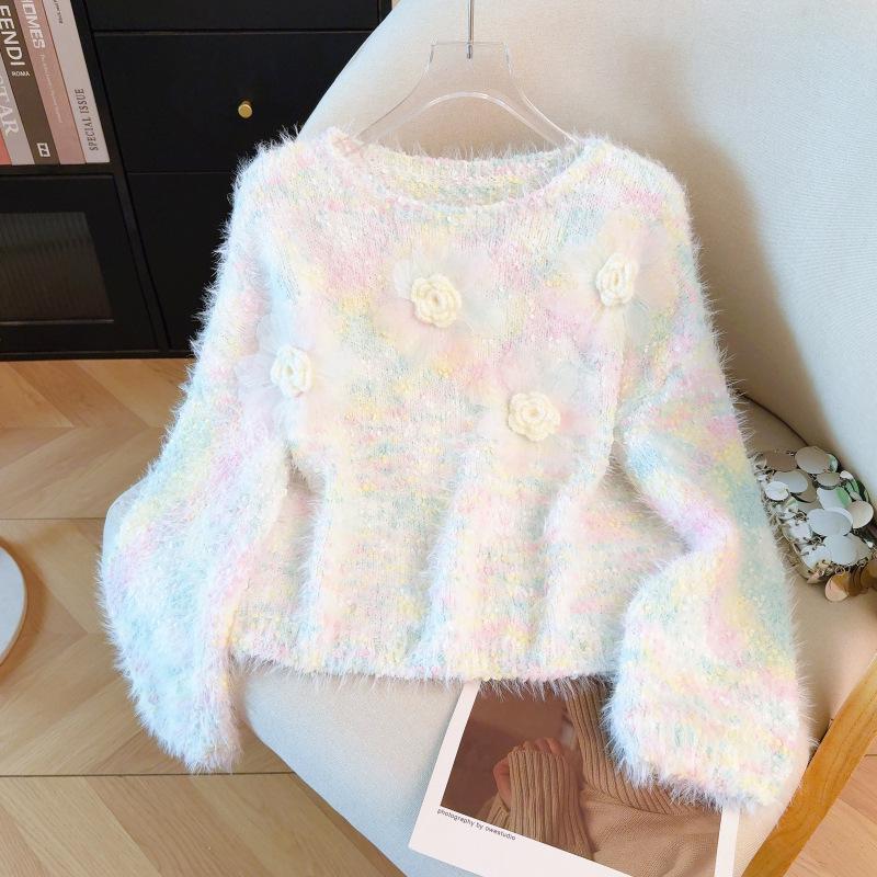 Chic Faux Mink Velvet Sweater: Soft, Sweet, and Elegant with 3D Floral Design for Women - Perfect for Spring and Autumn.