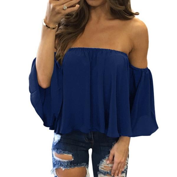 Mode Damen Schulterfrei Brustgewickelt Sexy Chiffon Tops Neckholder Locker Langarm T-Shirts