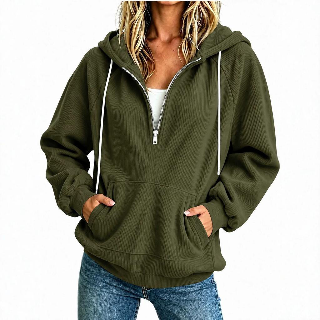 New European and American Women's Clothing Semi-zipper Hooded Sweater Loose Long-sleeved Drawstring Casual Top Spot Women