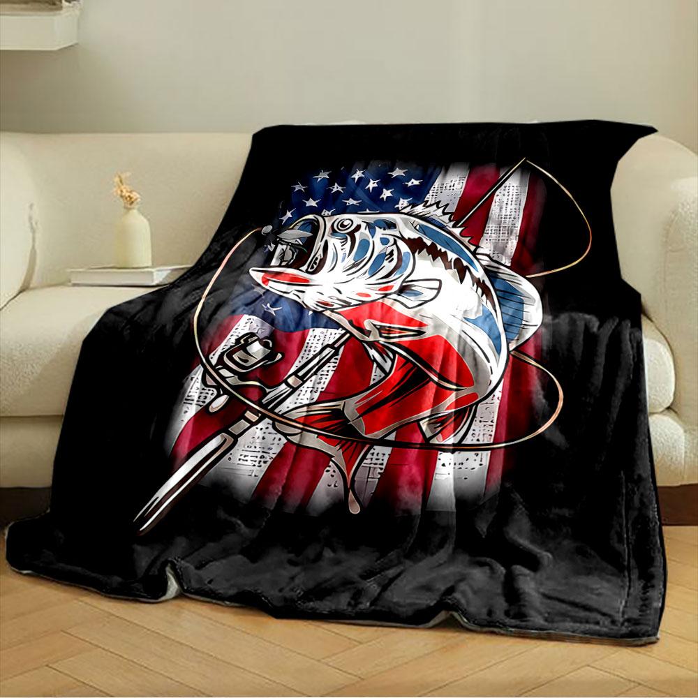 Fishing Bass with Flag Design for all seasons blanket lunch break throw gift