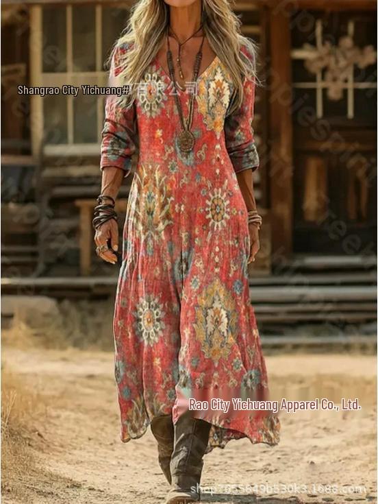 2026 Spring Retro V-neck Long-sleeved Plus Size Dress