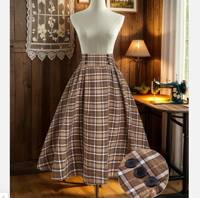 Falda Versátil de Talla Grande Vintage Artística a Cuadros Cepillados Línea A Media Pierna