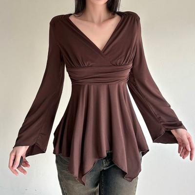Women's Brown Wrap V-Neck Long Sleeve Peplum Blouse