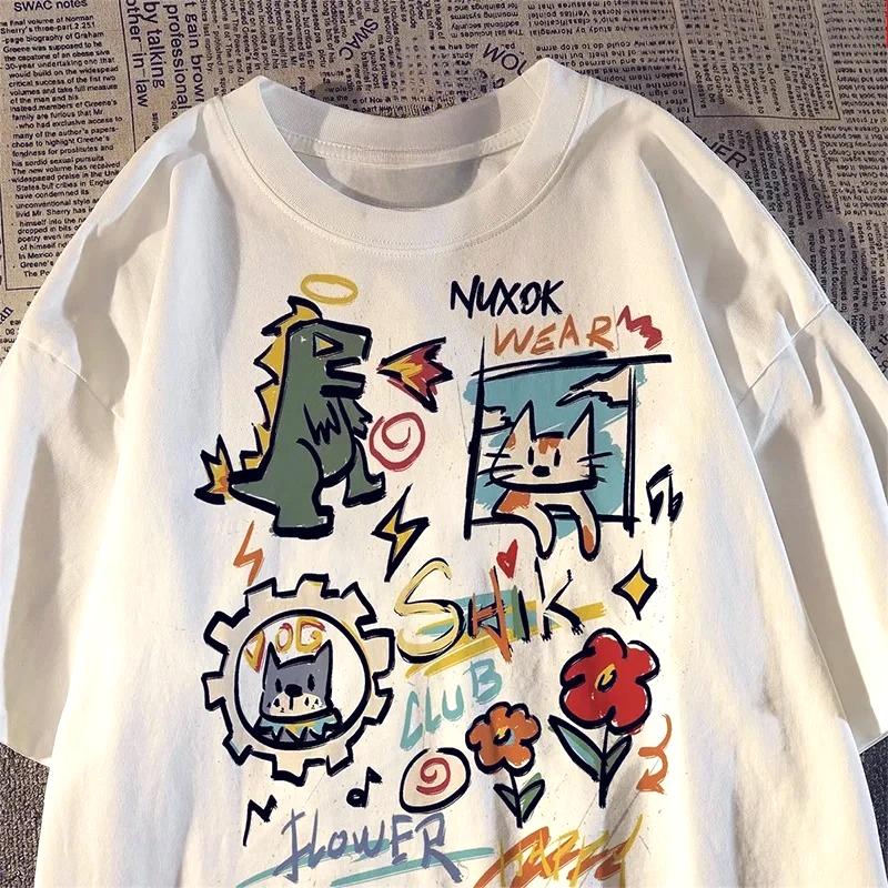 

Retro Ins Cartoon Graffiti Print Tshirt Womens Shortsleeved Tshirt Y2K Top Womens Clothing 2025 Graphic T Shirts S