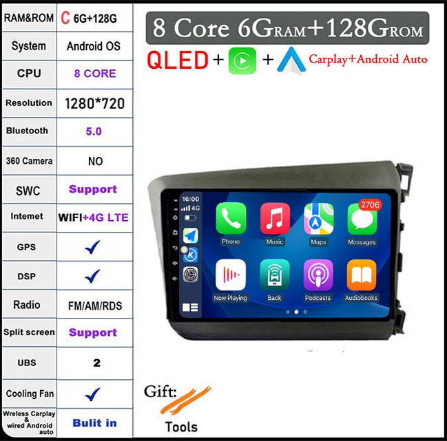 For HONDA INSIGHT 2 2009 2010 2011 2012 2013 2014 Android 14 Car Auto Radio Navi GPS Multimedia Player 4G+WIFI  Carplay Stereo
