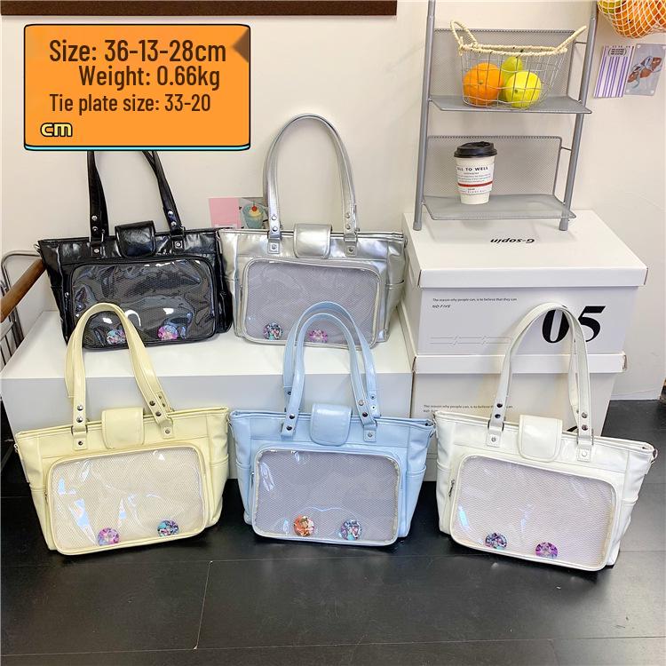 Japanese-Style Large Capacity Transparent PU Multi-Use Backpack, Crossbody & Handbag with Anime Badge