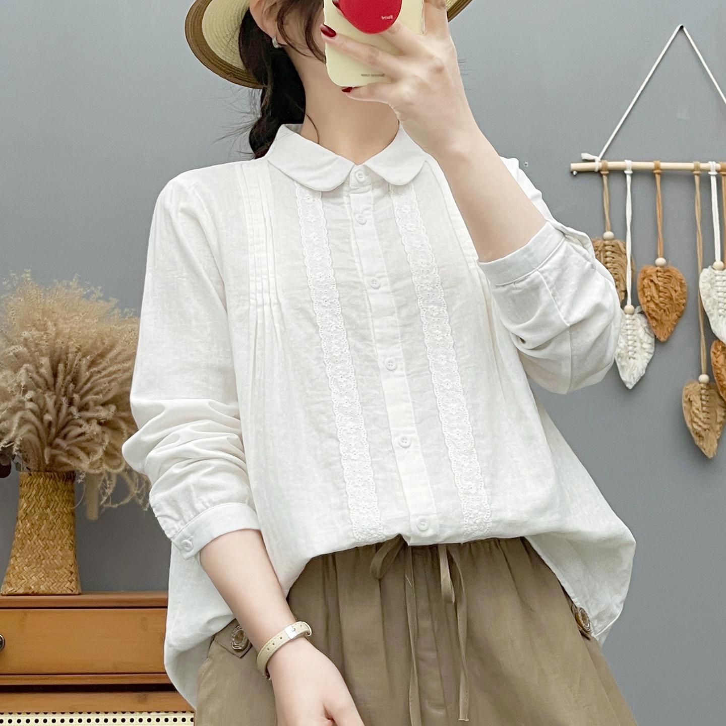 

Women s French Doll Collar Cotton Gauze Shirt with Lace Trim, Long Sleeves, and Stylish Bellows Pleats L 135-155 lbs