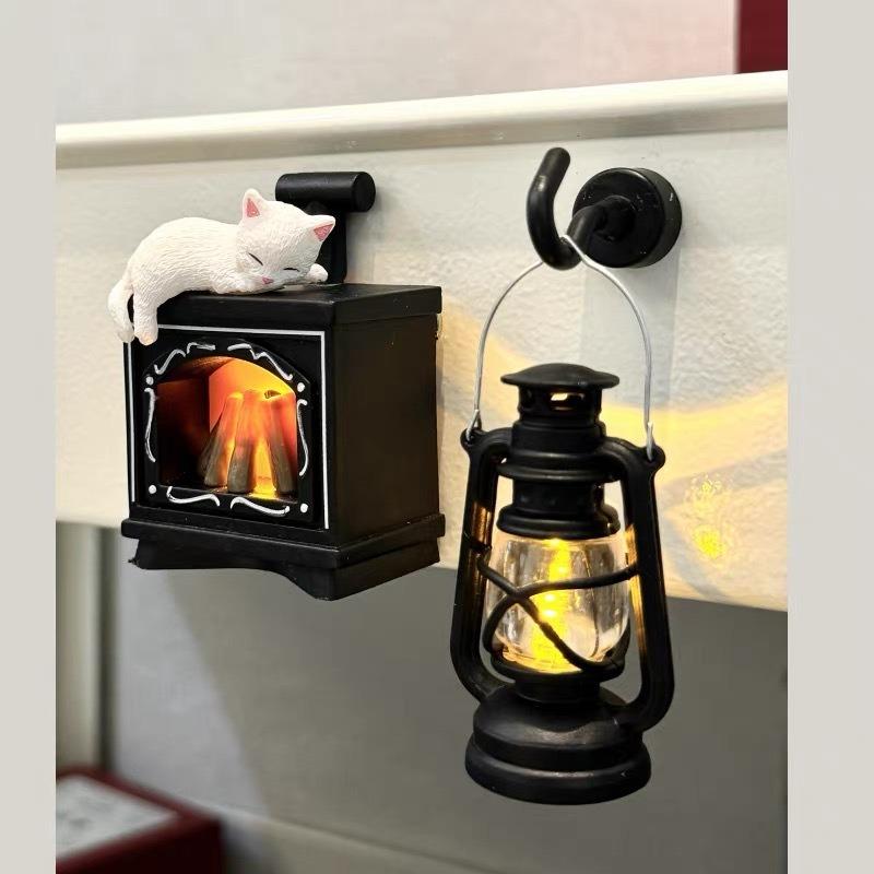 Mini Cat Fireplace Refrigerator with LED Night Light Creative forHome Decoration Children's Bedroom Kitchen Fridge Magnet