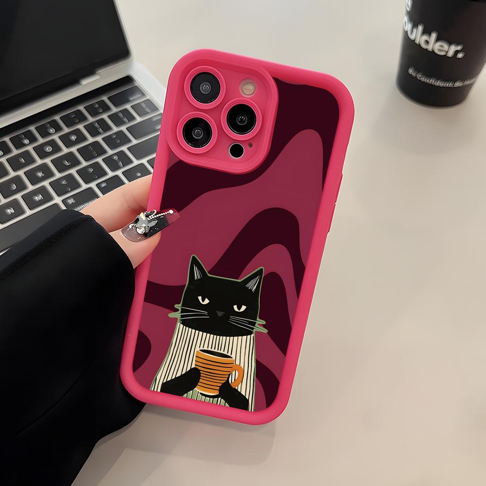 Cute Coffee Cat Thicken TPU Mobile Phone Case for iPhone 17 16 15 14 13 12 11 Air Pro Max Plus Colorful Cover